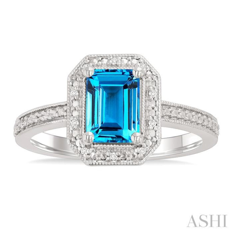 7x5 MM Octagon Shape Blue Topaz and 1/50 Ctw Single Cut Diamond Semi-precious Ring in Sterling Silver