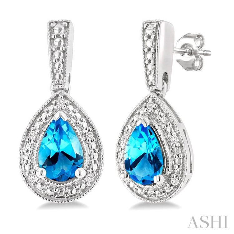 6X4 MM Pear Shape Blue Topaz and 1/50 Ctw Single Cut Diamond Semi-Precious Earrings in Sterling Silver